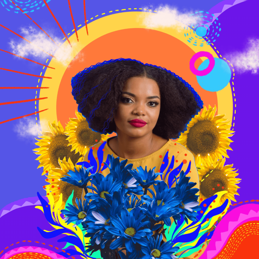 Akola is looking at the camera and is at the center against a backdrop of brightly colored illustrations of yellow sunflowers, blue flowers and other circular and geometric patterns