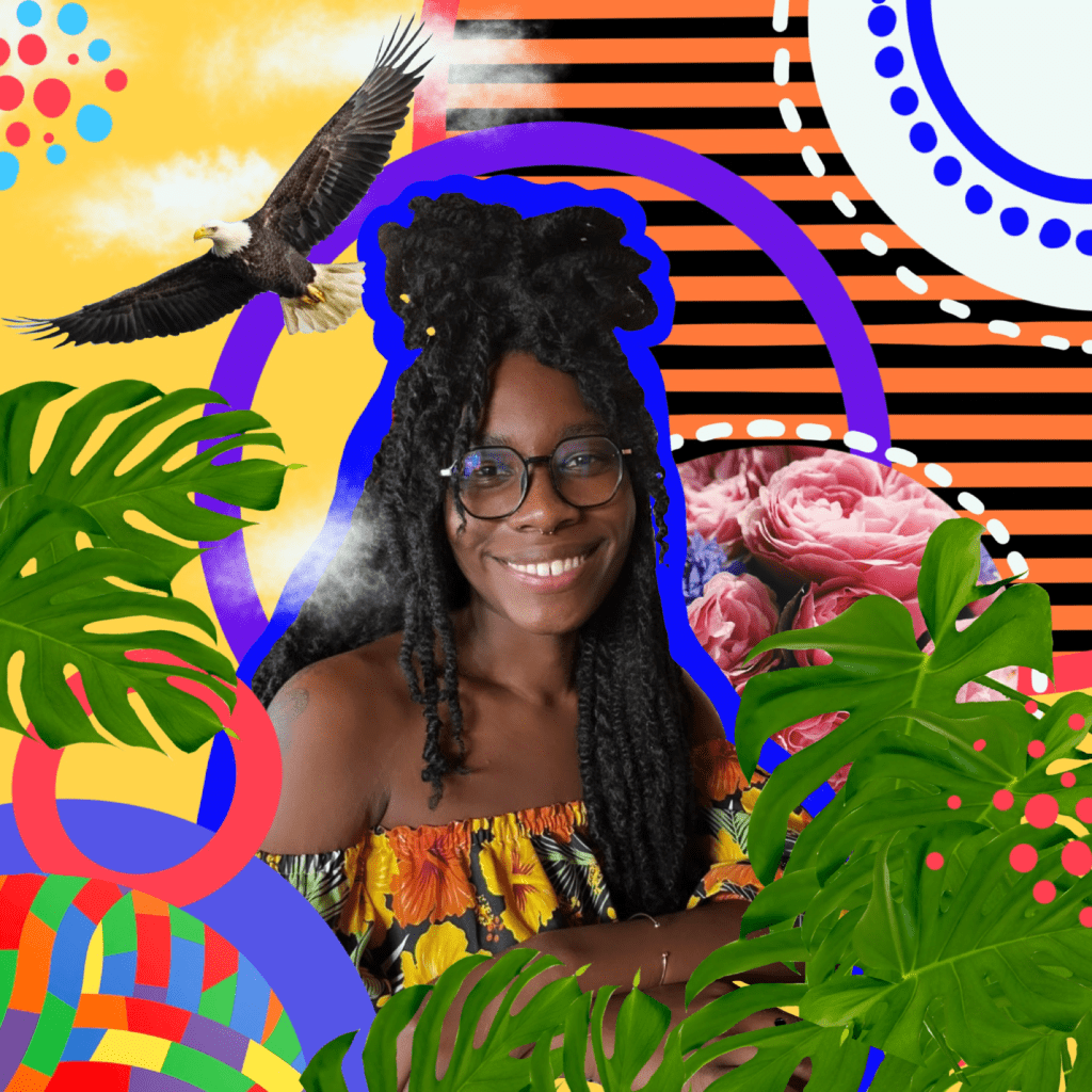 Ashlee is at the center, smiling at the camera. She is surrounded by brightly colored illustrations and pictures of large, green leaves, pink flowers and other geometrical patterns in different colors. An eagle is also flying somewhere in the background.