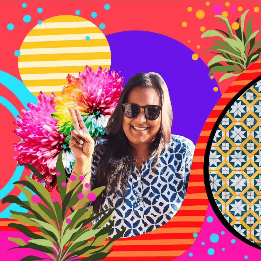 Priyanka is smiling at the camera and holding two fingers in a victory sign. She is wearing sunglasses and is surrounded by bright illustrations of multicolored flowers, green leaves and different geometrical patterns in different colors.