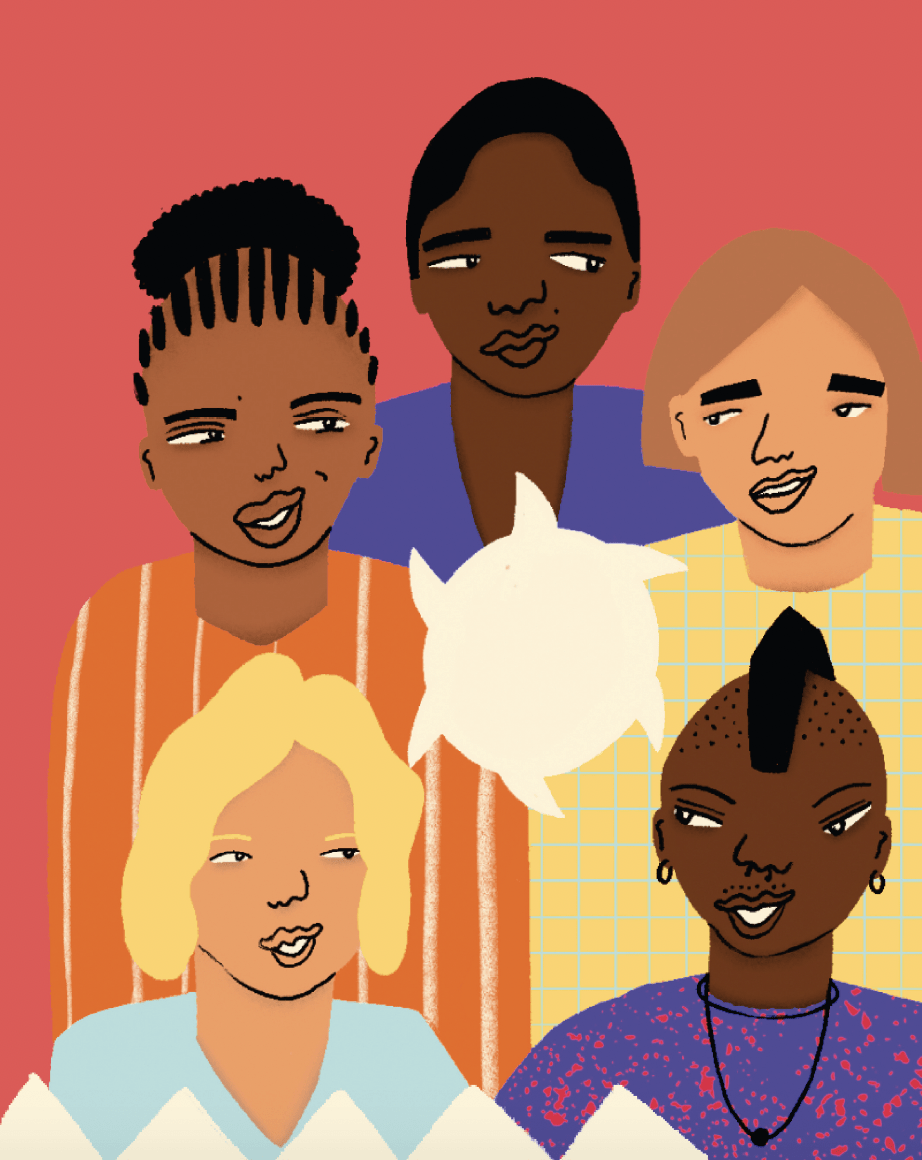 An illustration of five individuals with different looks: someone has an Afro, someone has punk hair, someone else has brown hair. They are all looking at each other placed in a circular way.